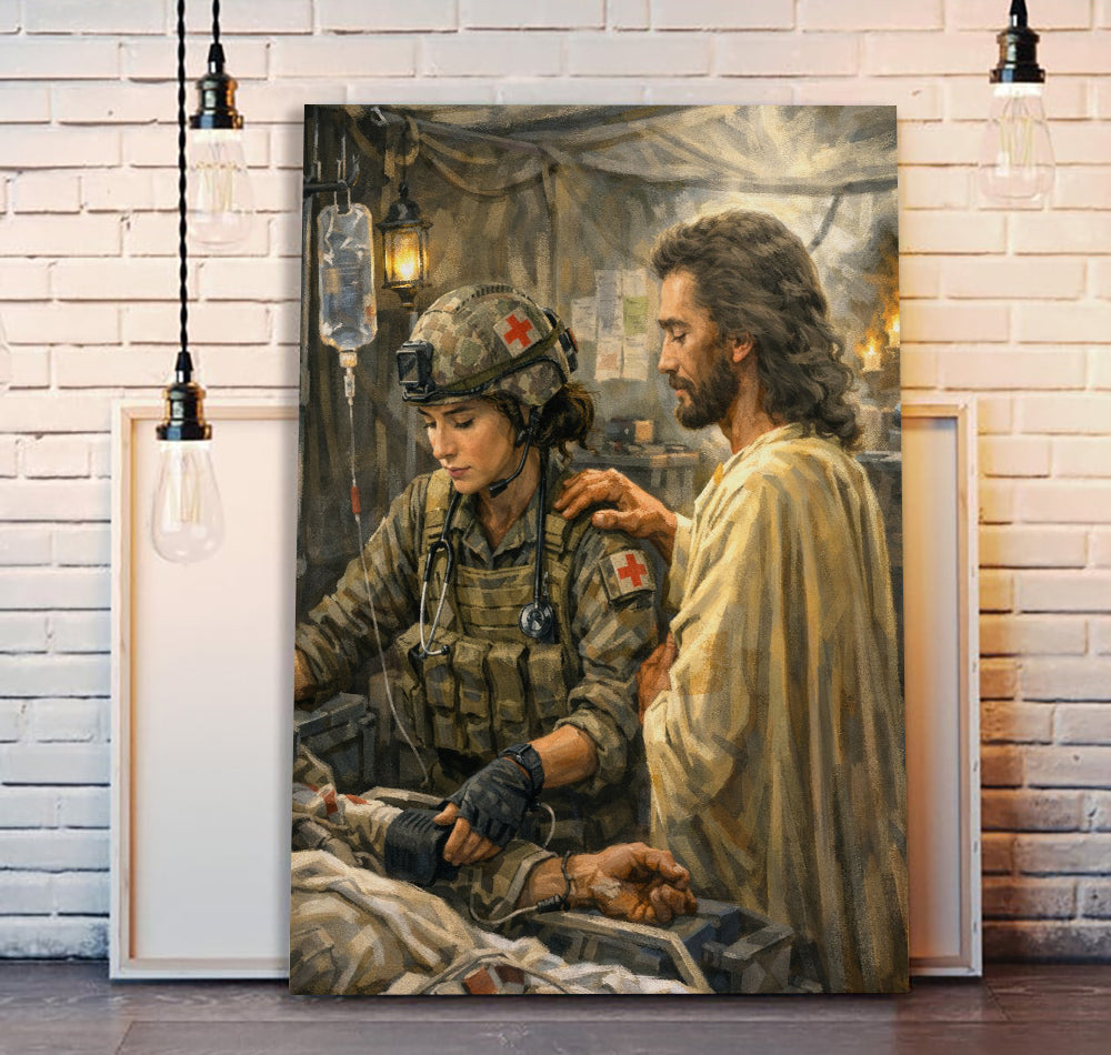 Jesus With Combat Medic Canvas Wall Art, Christian Military Wall Art for Veterans, Faith Home Decor Gift Idea