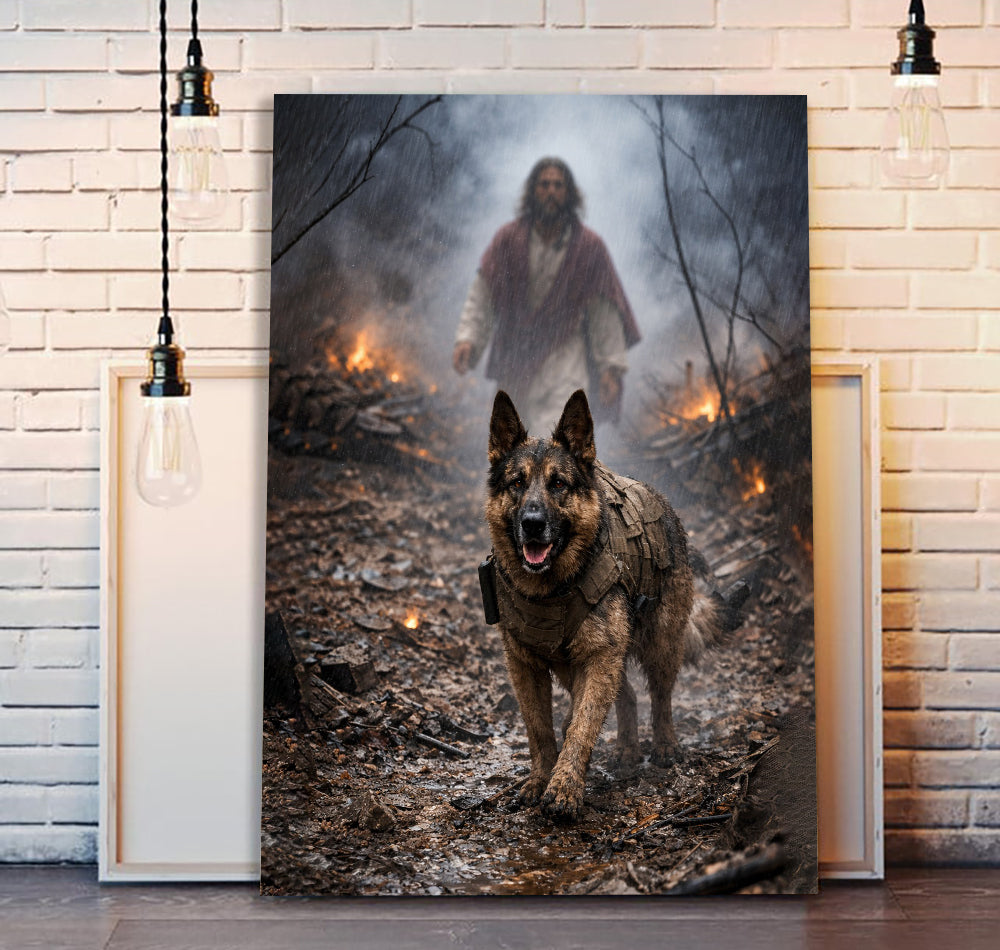 Faithful Guardian – Military Dog Canvas Jesus Canvas Wall Art, Christian Military Wall Art for Veterans, Faith Home Decor Gift Idea