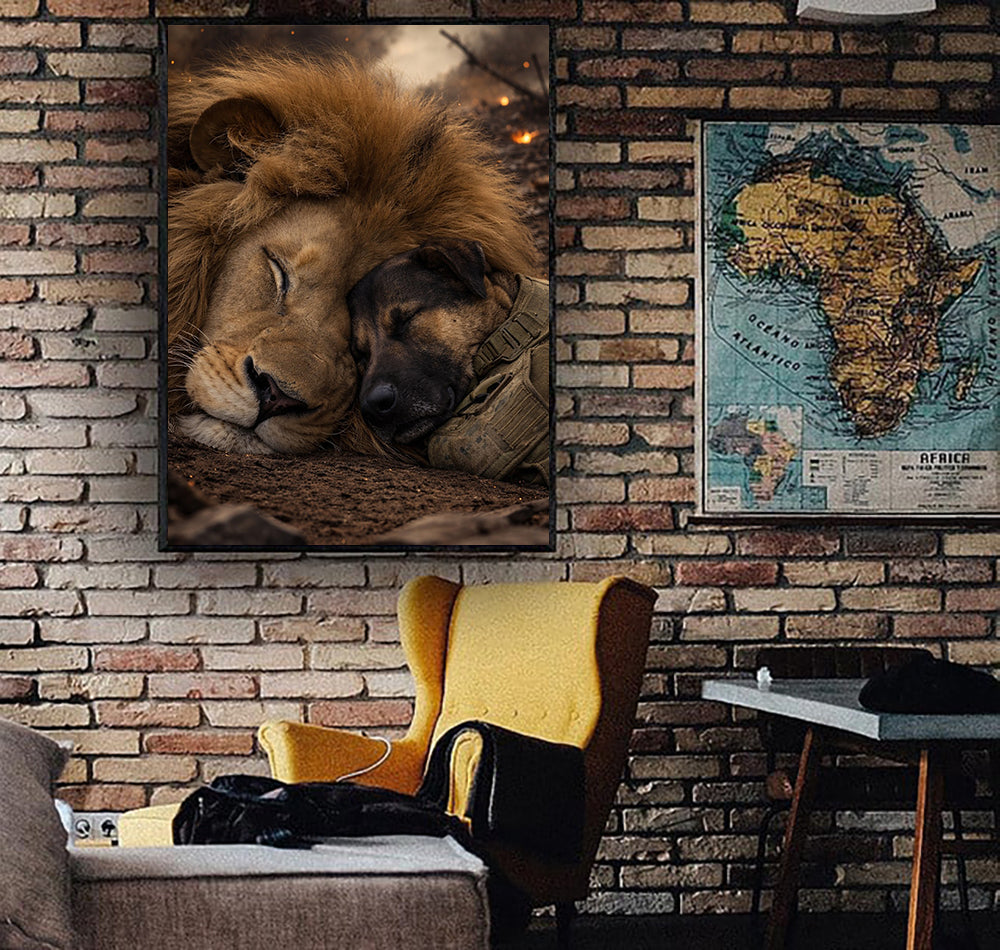 Military Dog and Lion Canvas Wall Art, Patriotic Military Decor, Courage Strength Warrior Print, Veteran Gift, Home Artwork Decor