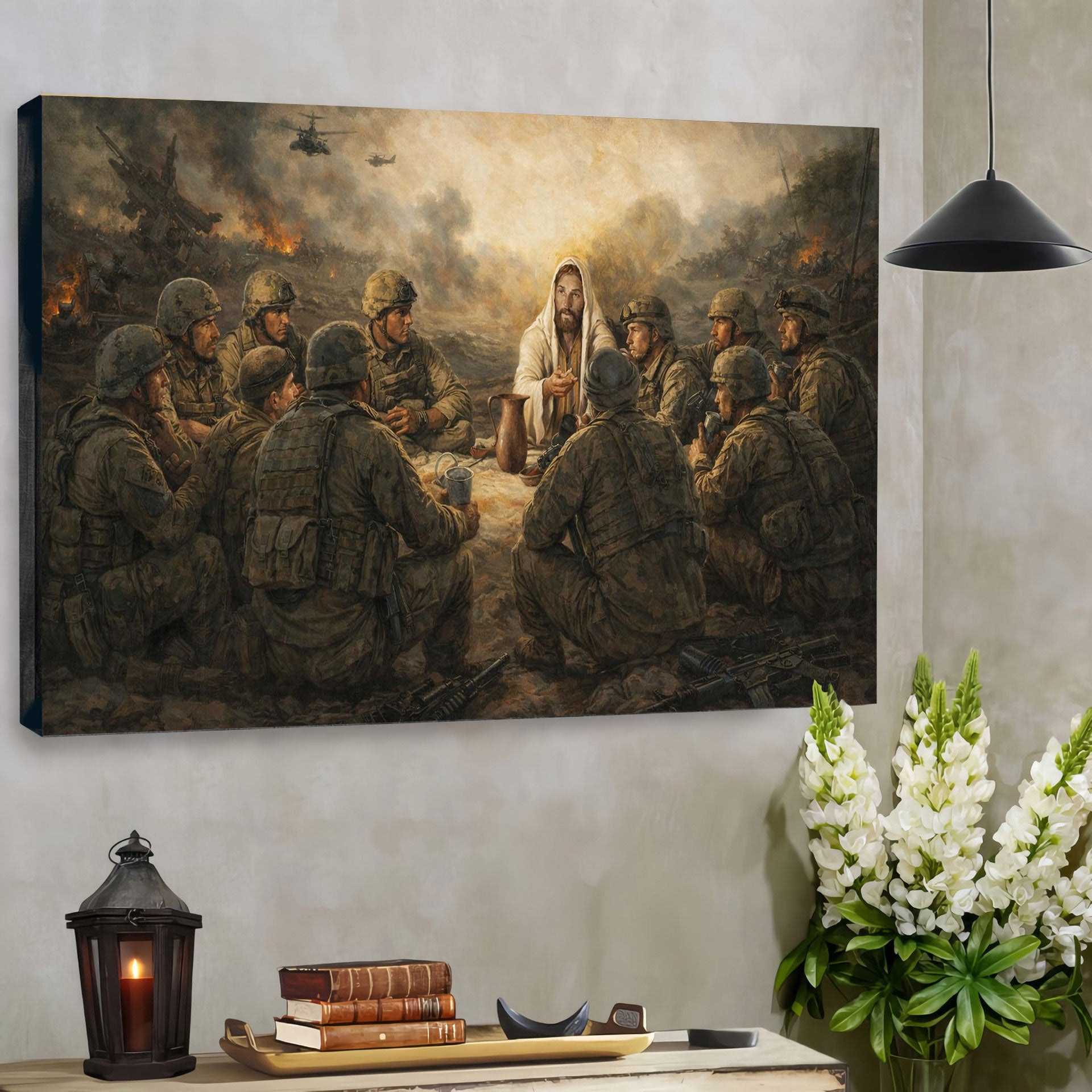 Jesus With Soldiers In Dinner Canvas Wall Art, Christian Canvas Faith Home Decor Veteran Gift Ideas