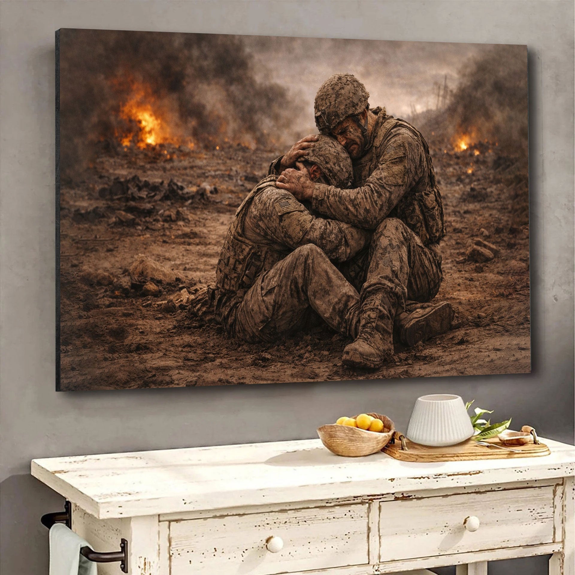 Brothers in the Ashes – Emotional War Canvas Showcasing Soldier Brotherhood Canvas Wall Art, Christian Military Wall Art for Veterans, Faith Home Decor Gift Idea