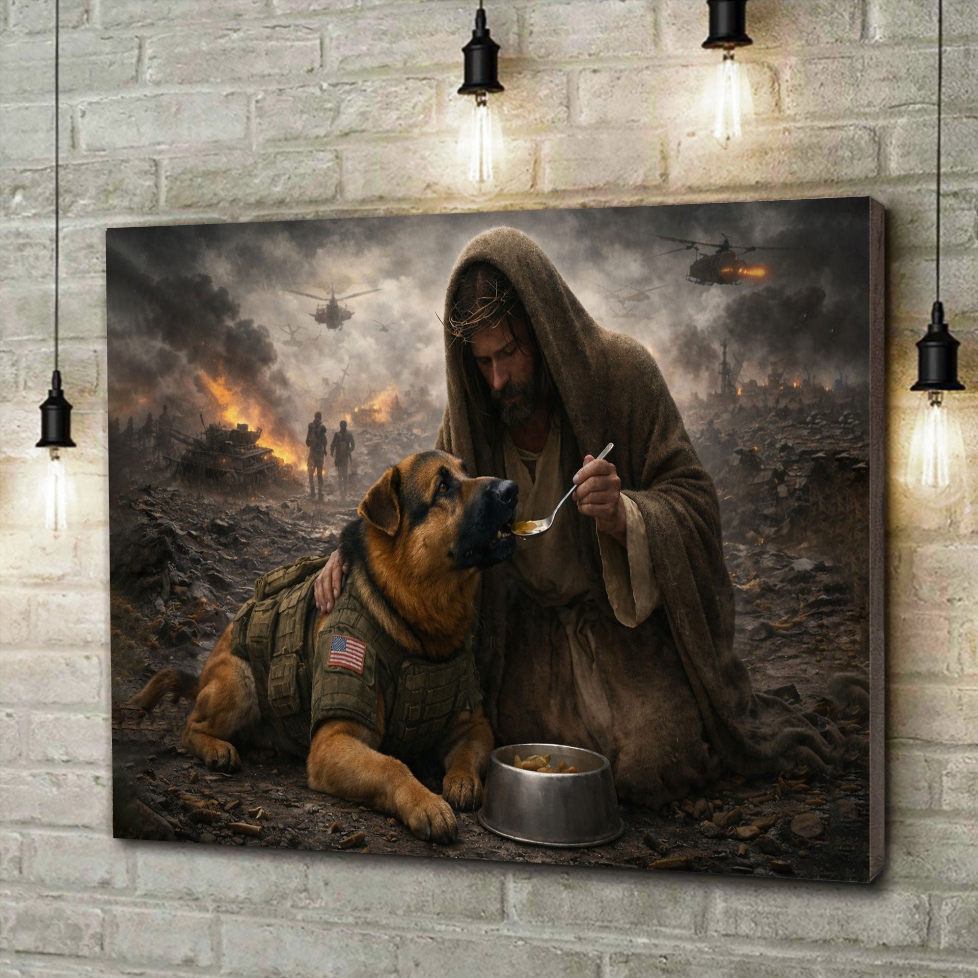 Jesus Feeds the Military Dog Canvas Wall Art, Christian Military Wall Art for Veterans, Faith Home Decor Gift