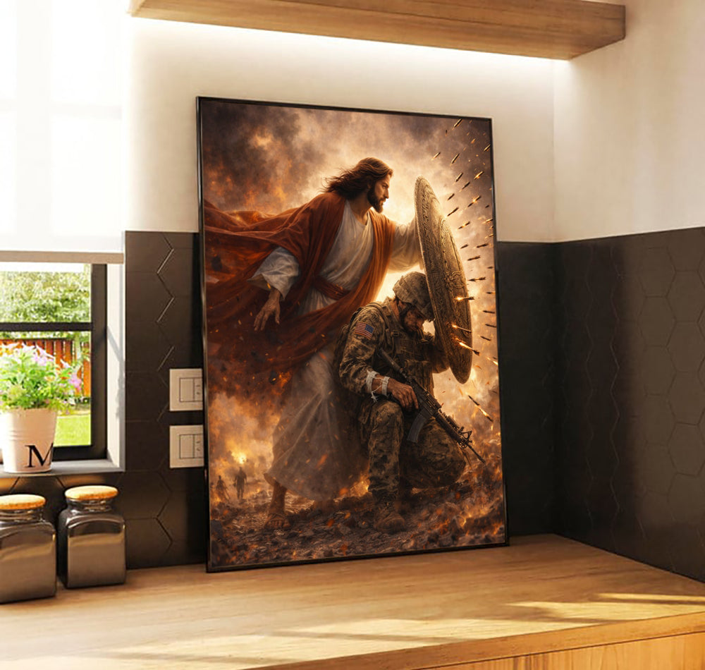 Jesus Protect Soldiers Canvas A Soldier Is Never Alone In Battlefield Canvas Wall Art, Christian Military Wall Art for Veterans, Faith Home Decor Gift