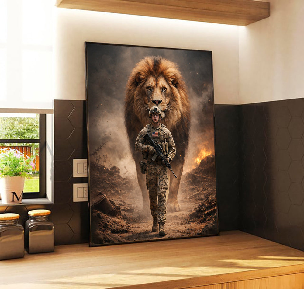 Soldier And Lion of Judah Canvas Jesus Canvas Wall Art, Christian Military Wall Art for Veterans, Faith Home Decor Gift