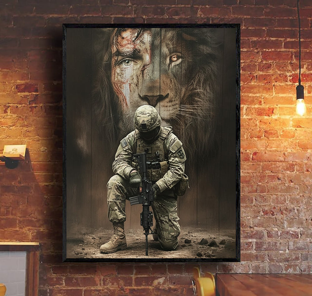 Jesus Lion Behind The Soldier Canvas Wall Art, Christian Military Canvas for Veterans & Faith Home Decor Gift For Veteran