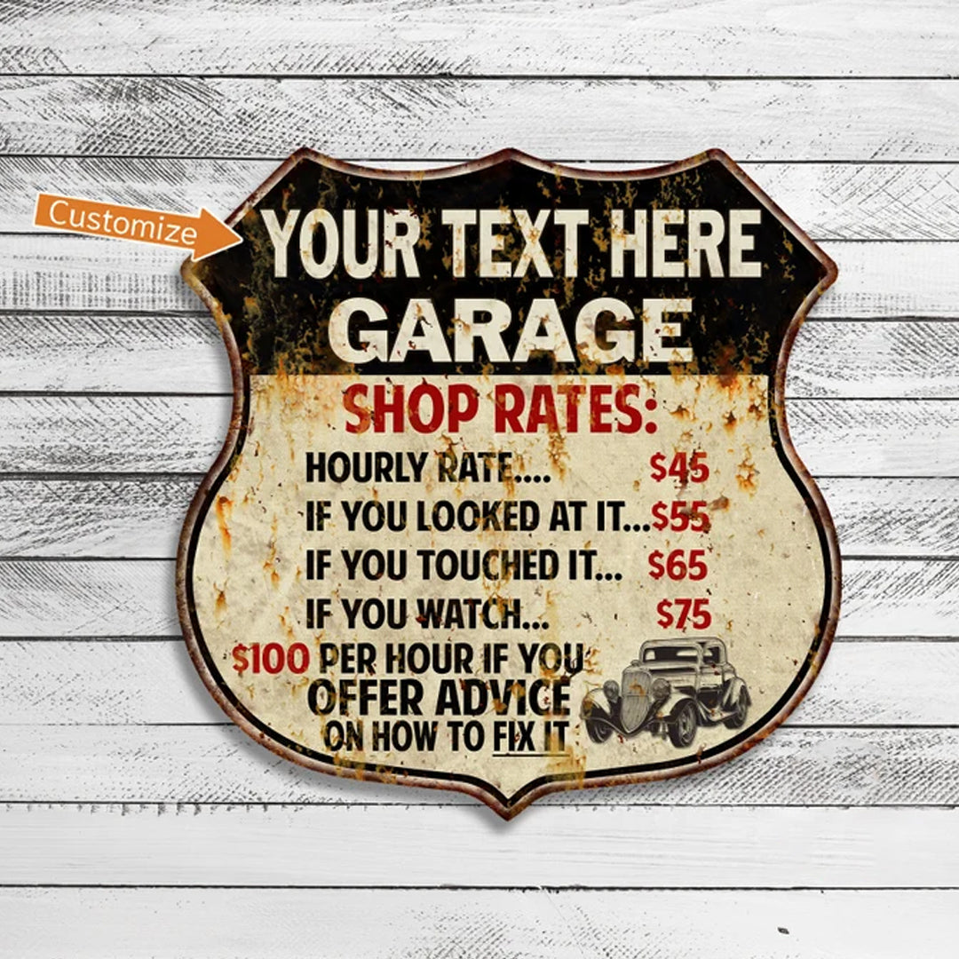 Personalized Garage Shop Rates Sign, Your Name Mechanic Sign, Dad Gift Shield, Shop Rules Sign, Autoshop Mechanic
