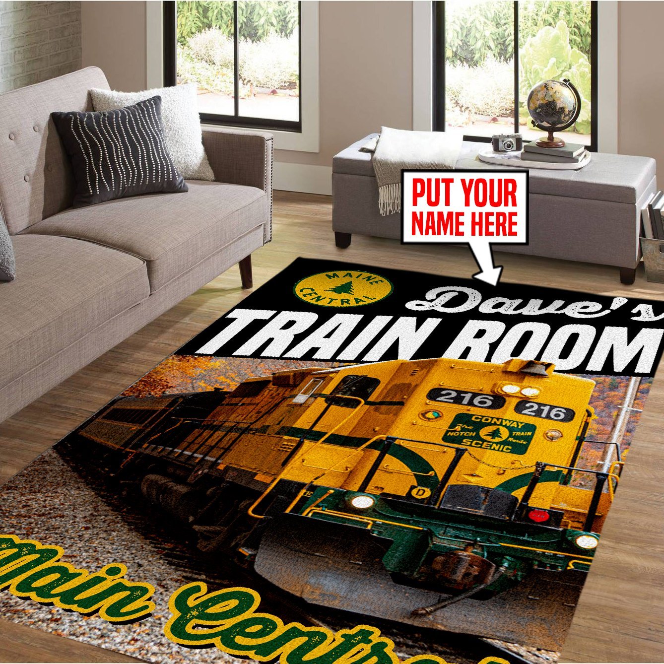 Railspirit Personalized Maine Central Pine Tree Area Rug Gift Idea For Train Lovers