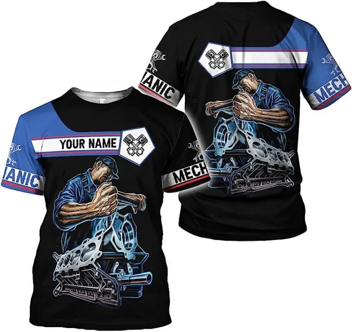 Personalized Mechanic Work Shirt for Men with Custom Name Auto Repair Graphic 3D Car Engine T Shirt Gift for Mechanic Lover