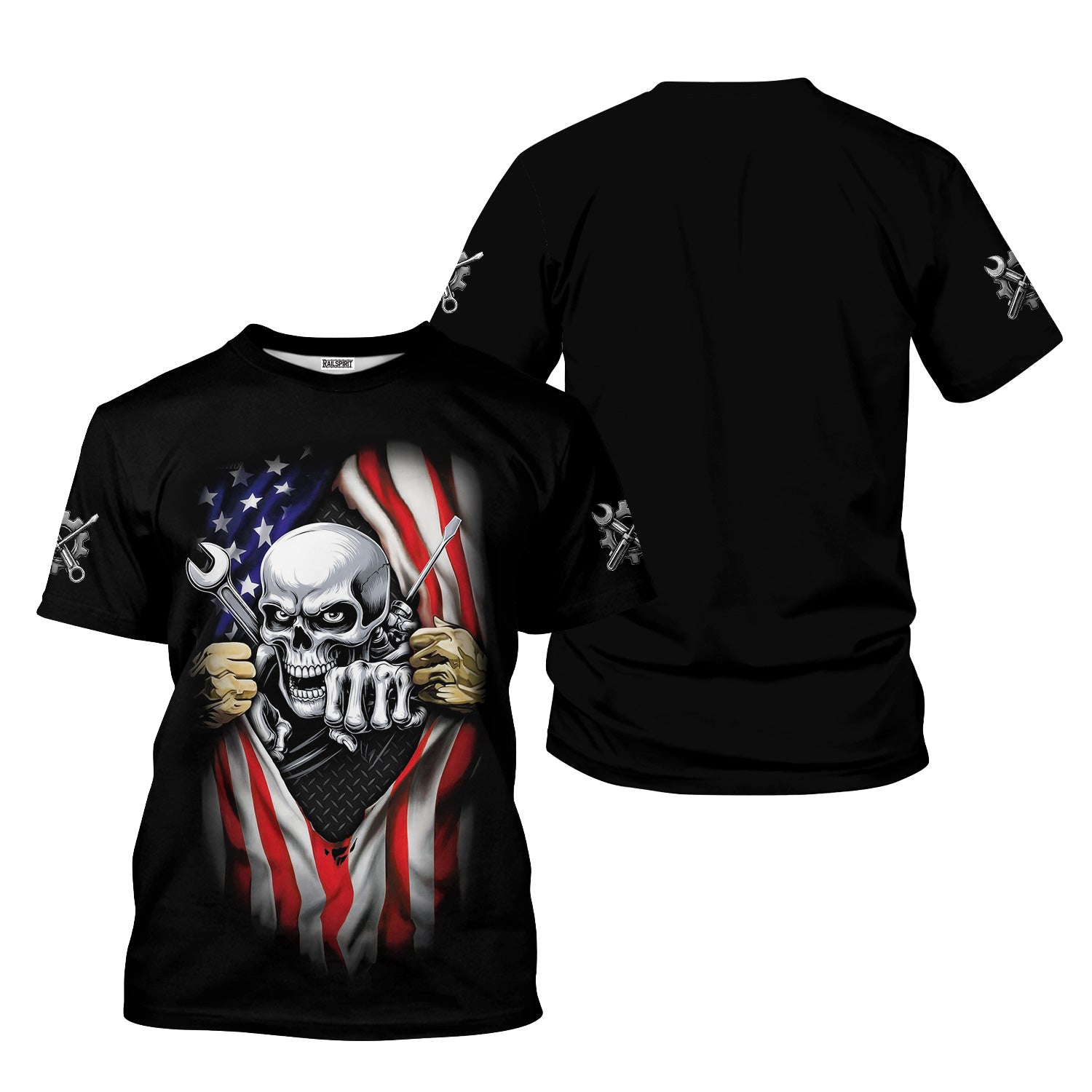 Skull Wrench T-Shirt, American Flag Design, Mechanic, Worker Gift, Unique Skull Graphic Tee for Men, Customizable Apparel, Cool Work Shirt