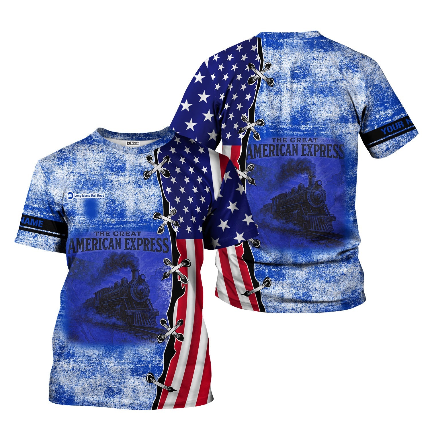 Railspirit Personalized Long Island Railroad T-Shirt Retro American Express Train With USA Flag Shirt