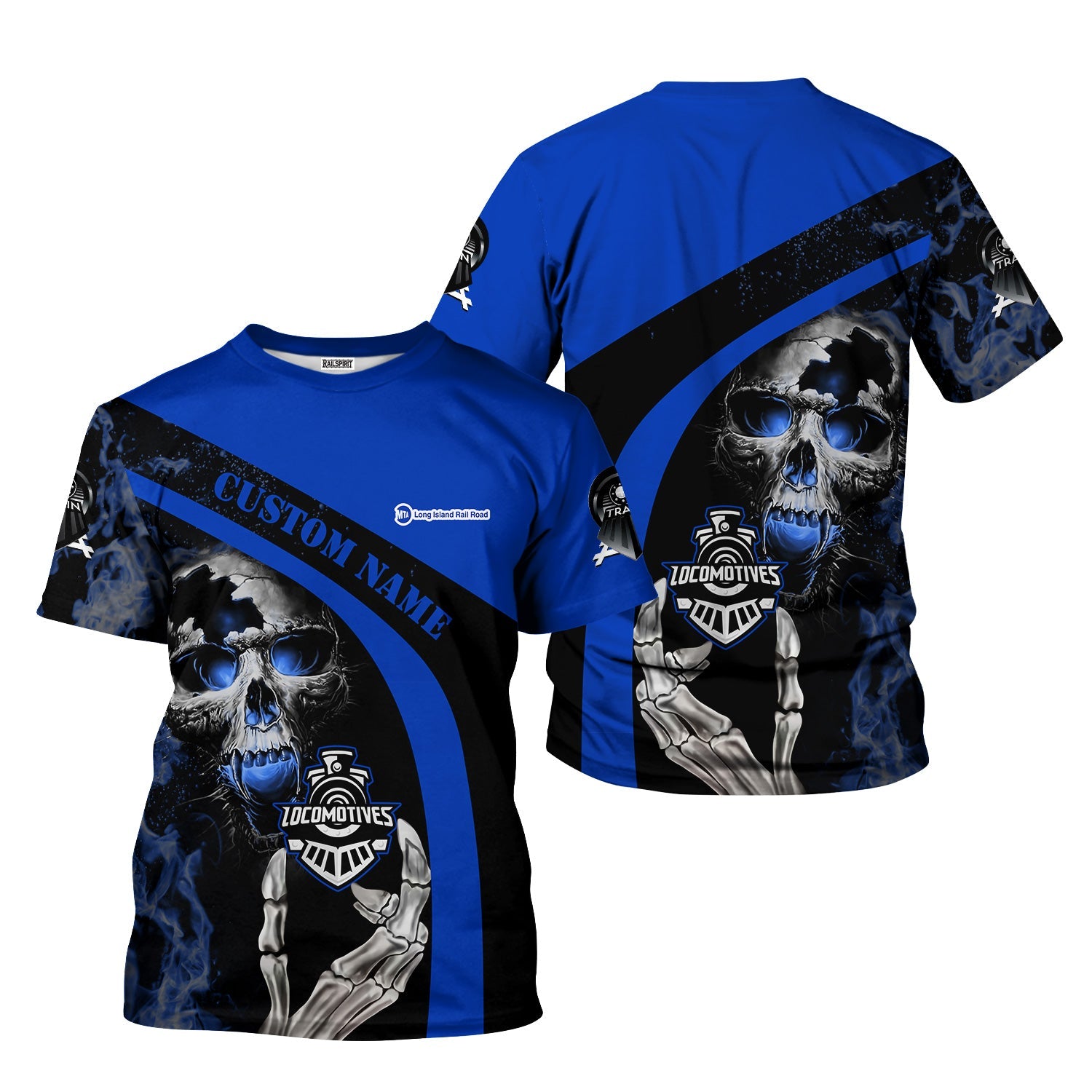 Railspirit Personalized Long Island Railroad T-Shirt Flame Skull Design Train Shirt for Locomotive Fans