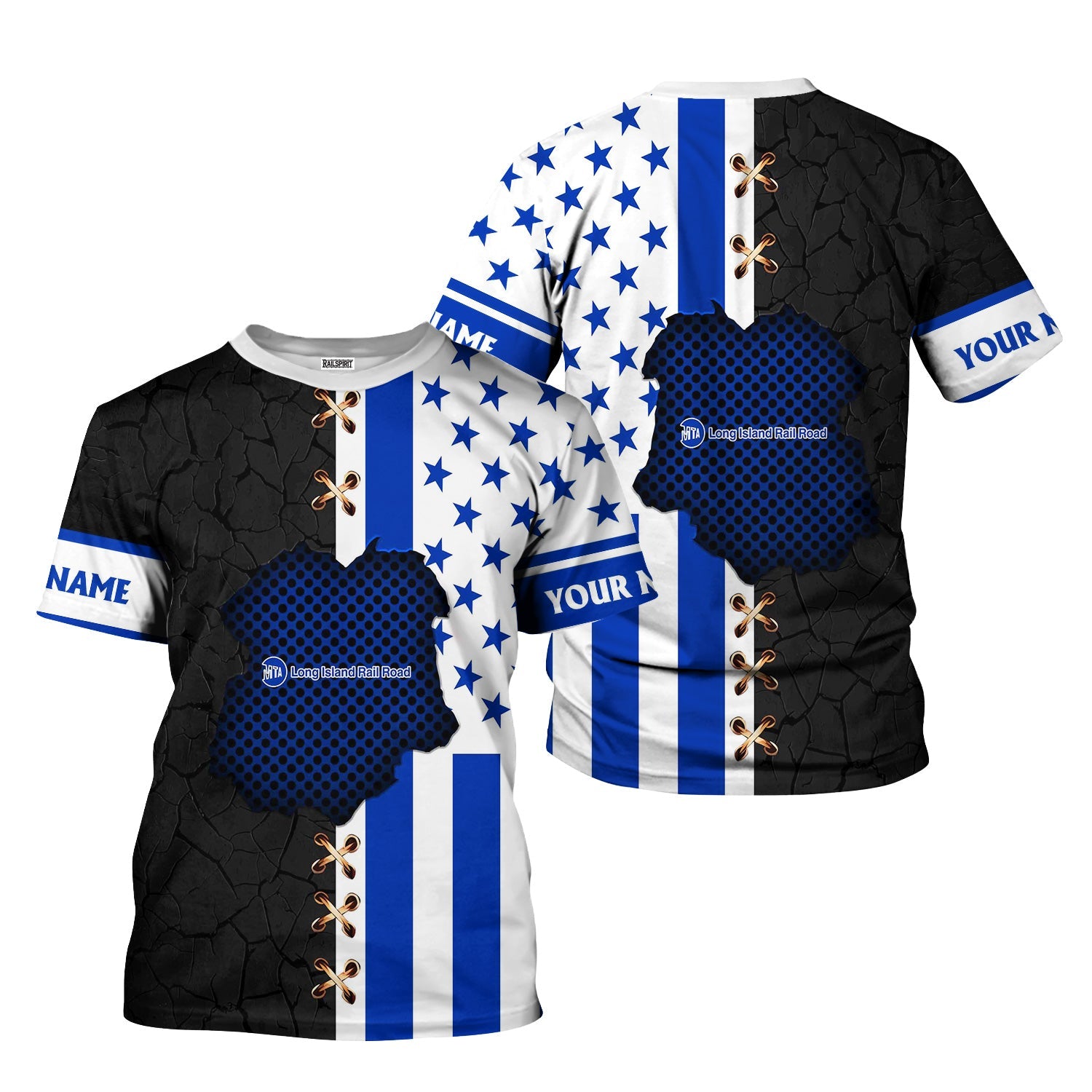 Railspirit Personalized Long Island Railroad T-Shirt American Flag with Crack Effect Train Shirt