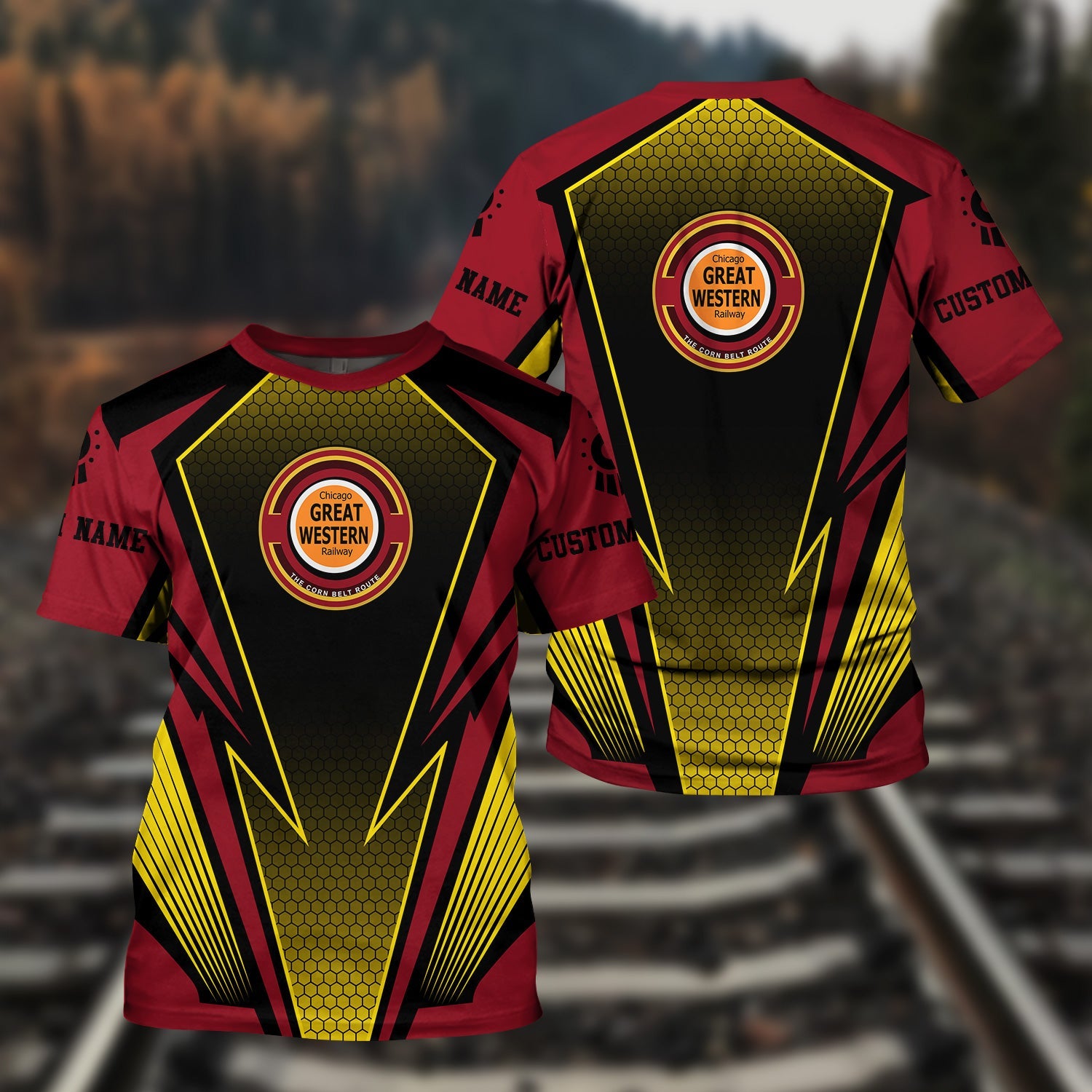 Railspirit Personalized Chicago Great Western Railroad T-Shirt Lightning Graphic Style Shirt Gift Idea For Train Lover