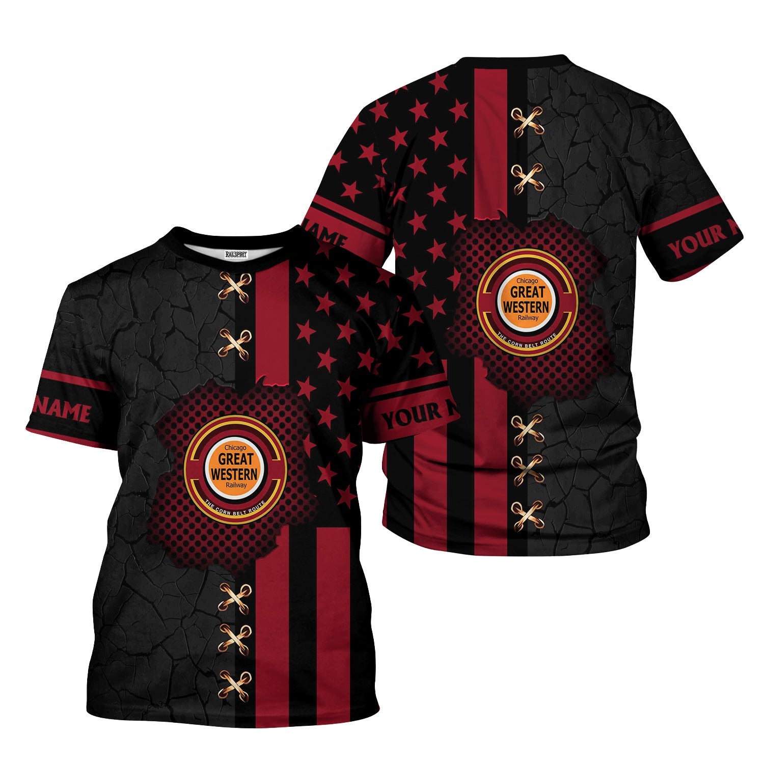 Railspirit Personalized Chicago Great Western Railroad T-Shirt American Flag with Crack Effect Train Shirt