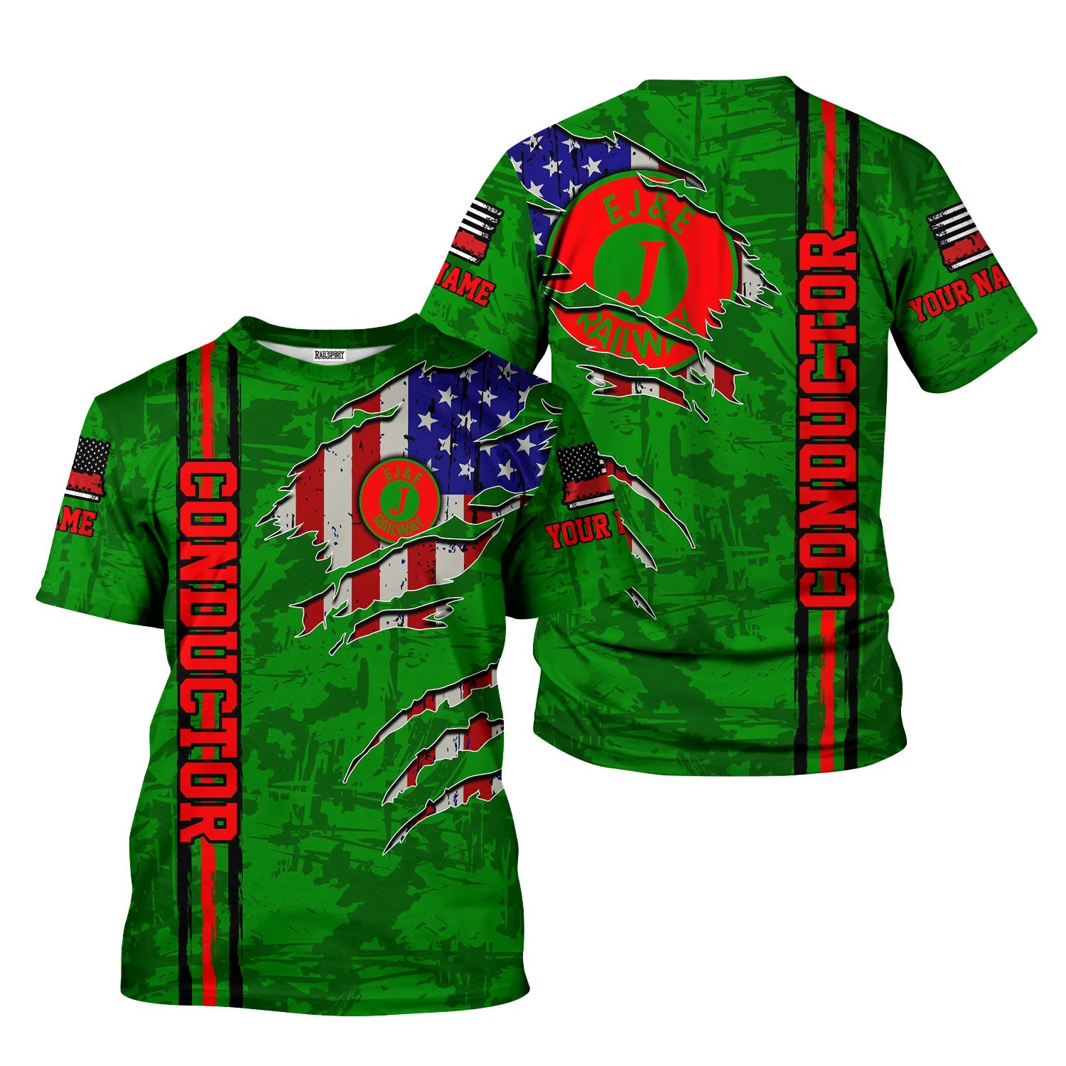 Railspirit Personalized Elgin Joliet And Eastern Railroad T-Shirt USA Flag Claw Art with Custom Job Train Shirt