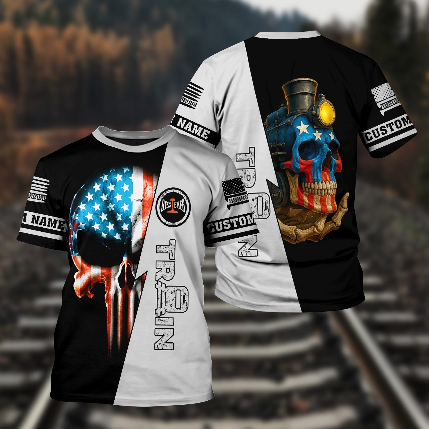 Railspirit Personalized Bessemer And Lake Erie Railroad T-Shirt Train Skull American Flag Shirt All Over Print