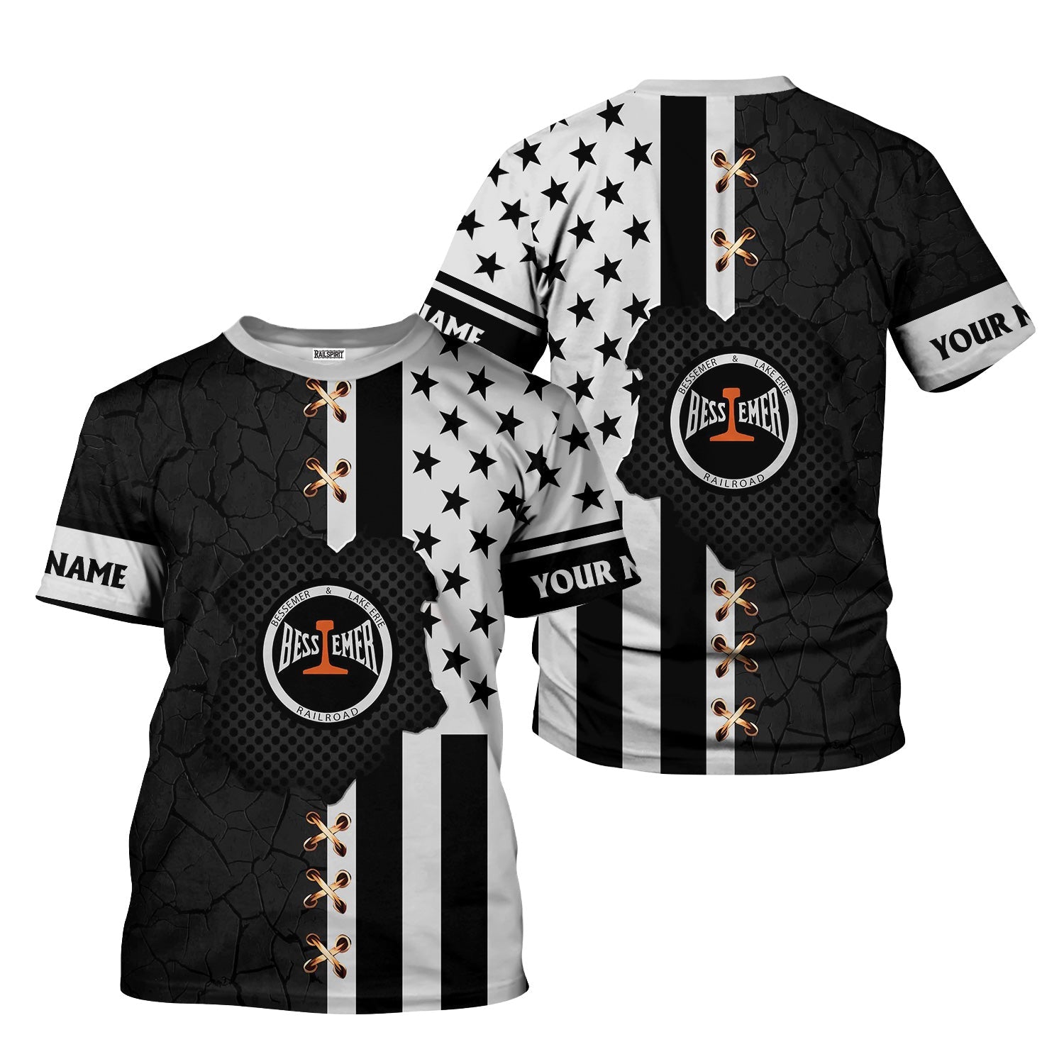 Railspirit Personalized Bessemer And Lake Erie Railroad T-Shirt American Flag with Crack Effect Train Shirt