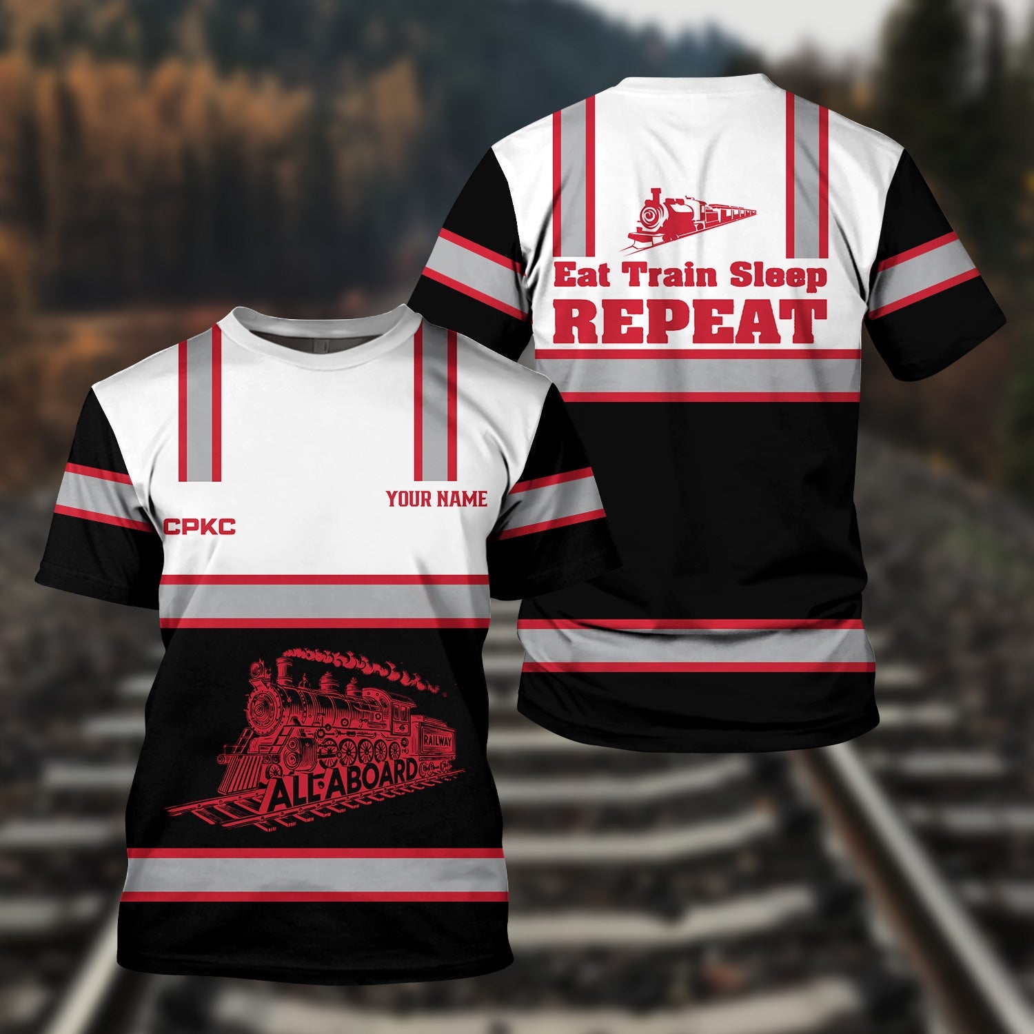 Railspirit Custom Name Canadian Pacific Kansas City T Shirt Eat Train Sleep Repeat CPKC Printed Train Shirt