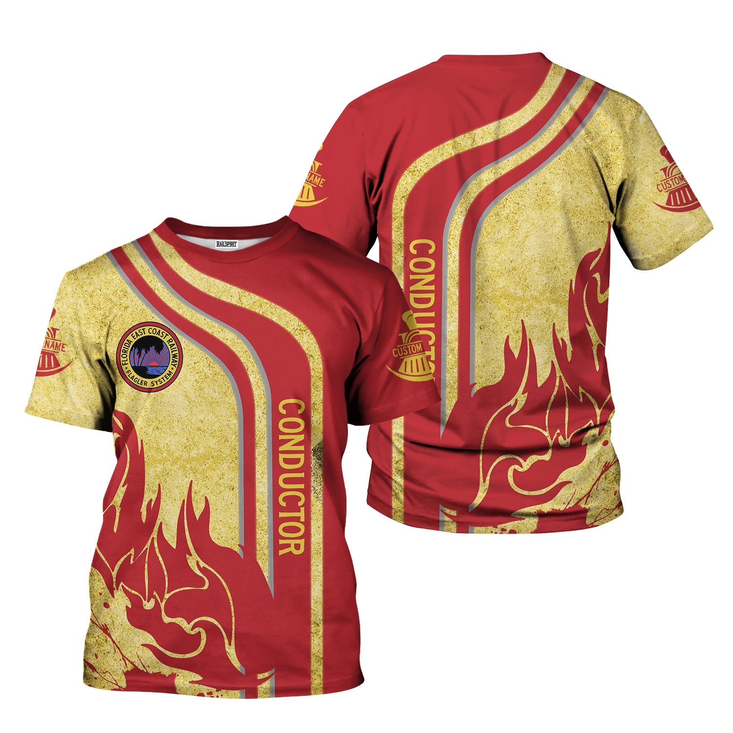 Railspirit Personalized Florida East Coast Railway T-Shirt Flame Design with Custom Job Position Train Shirt