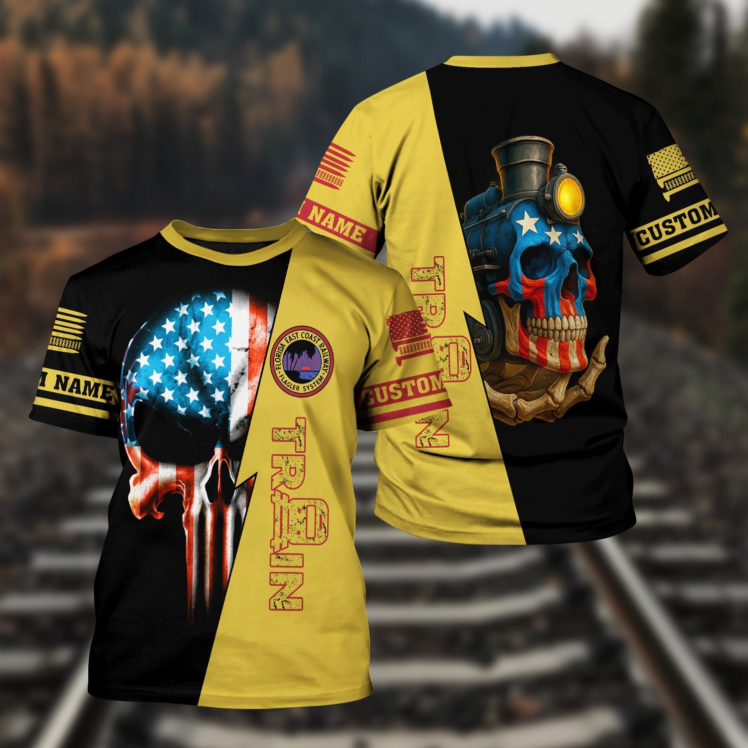 Railspirit Personalized Florida East Coast Railway T-Shirt Train Skull American Flag Shirt All Over Print