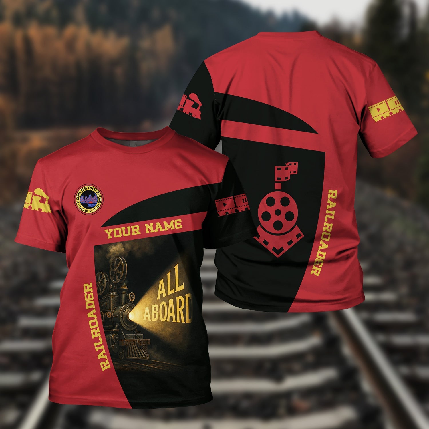 Railspirit Personalized Florida East Coast Railway T-Shirt All Aboard Steam Train Movie Projector Style Shirt