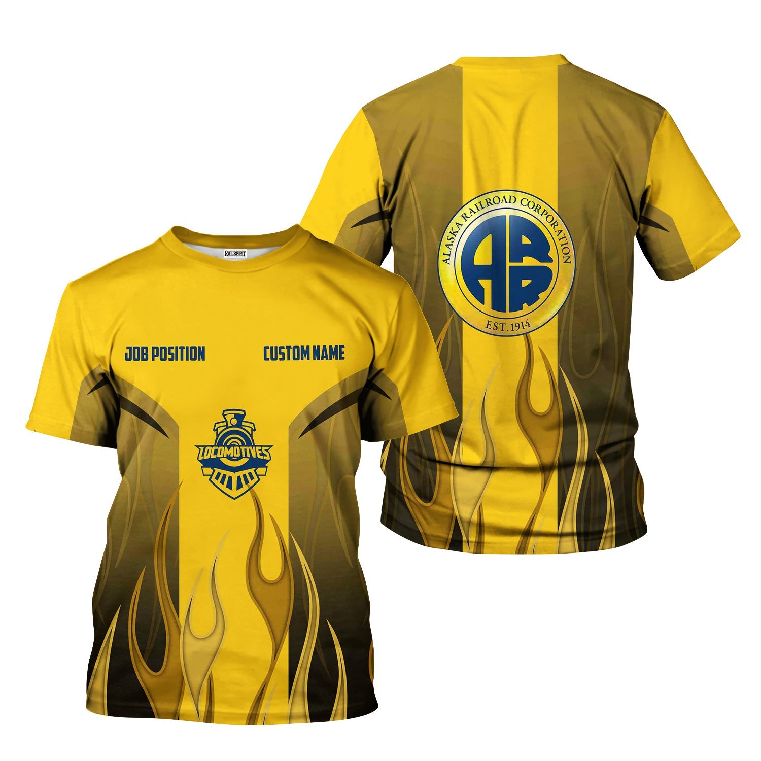Railspirit Custom Name and Job Title Alaska Railroad T-Shirt Flame Graphic Train Shirt