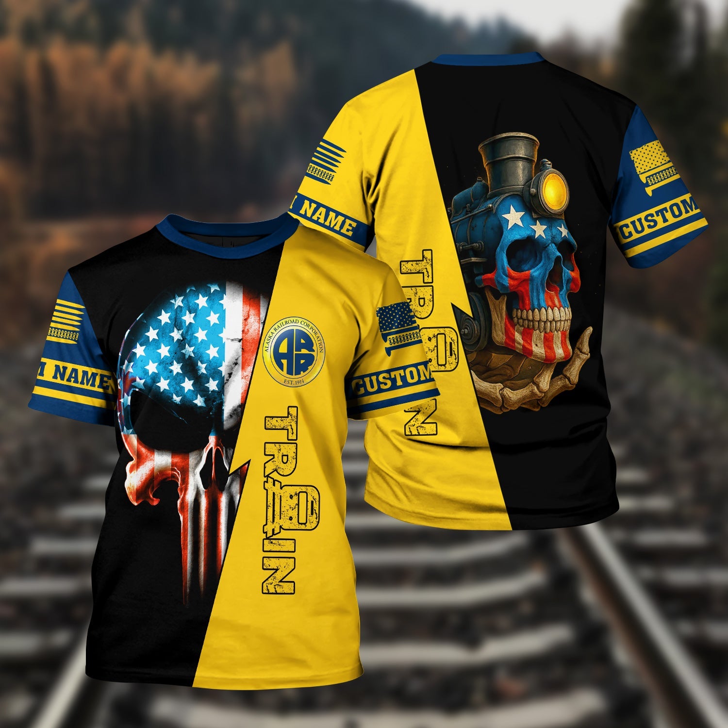 Railspirit Personalized Alaska Railroad T-Shirt Train Skull American Flag Shirt All Over Print