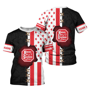 Railspirit Personalized Kansas City Southern T-Shirt American Flag with Crack Effect Train Shirt