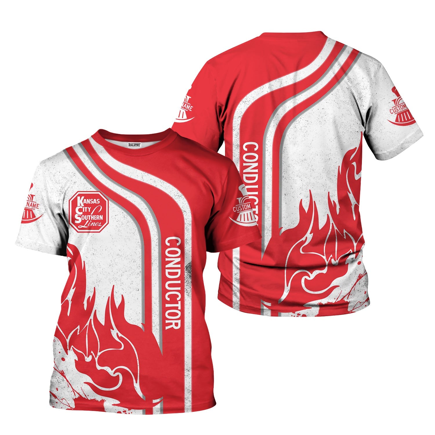 Railspirit Personalized Kansas City Southern T-Shirt Flame Design with Custom Job Position Train Shirt