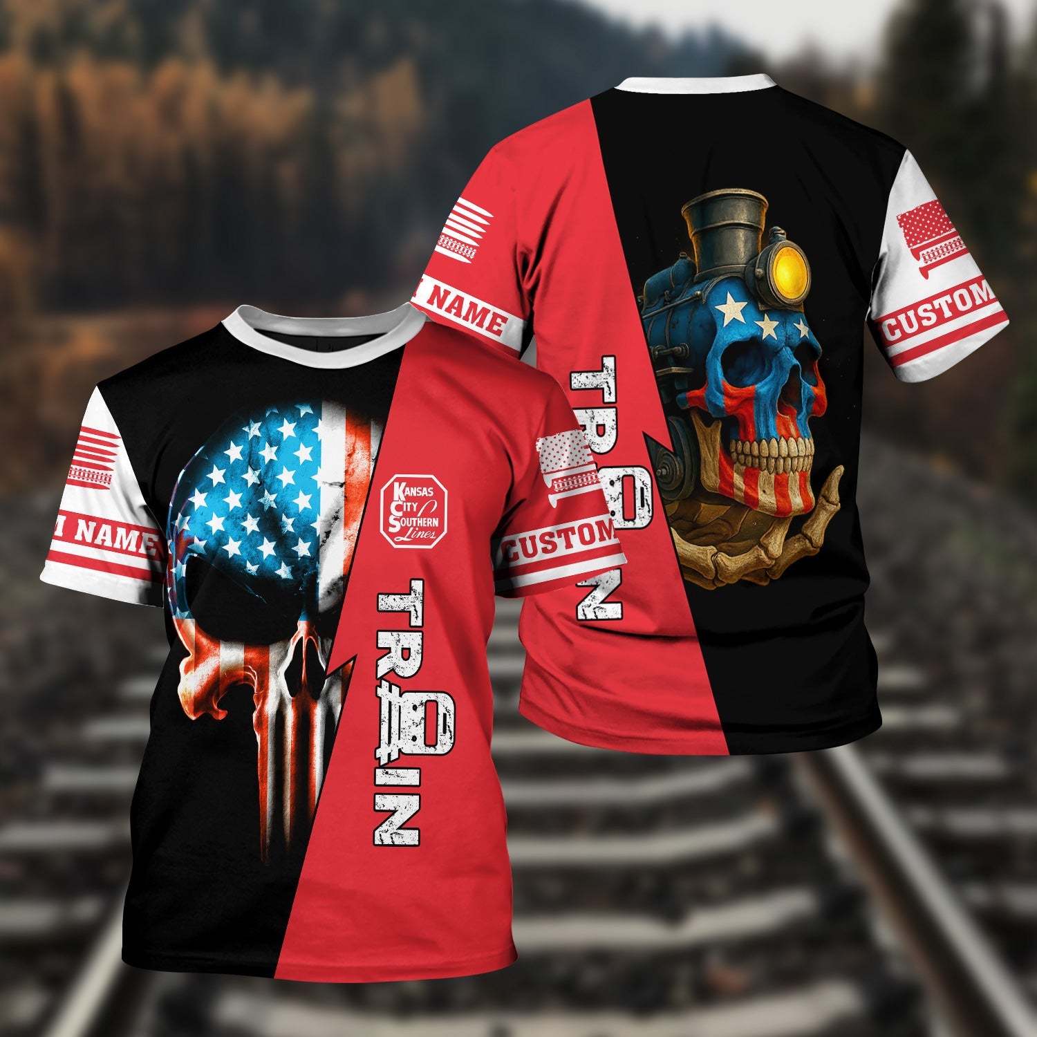 Railspirit Personalized Kansas City Southern T-Shirt Train Skull American Flag Shirt All Over Print
