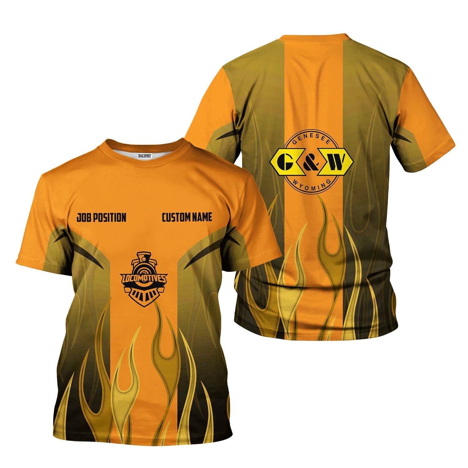 Railspirit Custom Name and Job Title Genesee & Wyoming Inc. Railroad T-Shirt Flame Graphic Train Shirt