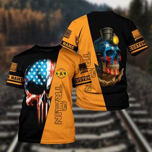 Railspirit Personalized Genesee & Wyoming Inc. Railroad T-Shirt Train Skull American Flag Shirt All Over Print