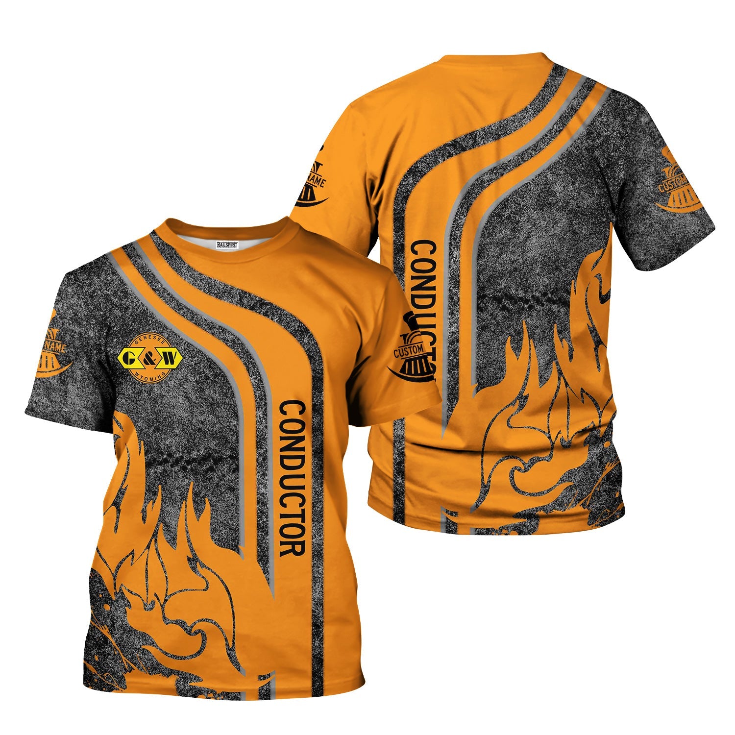 Railspirit Personalized Genesee & Wyoming Inc. Railroad T-Shirt Flame Design with Custom Job Position Train Shirt
