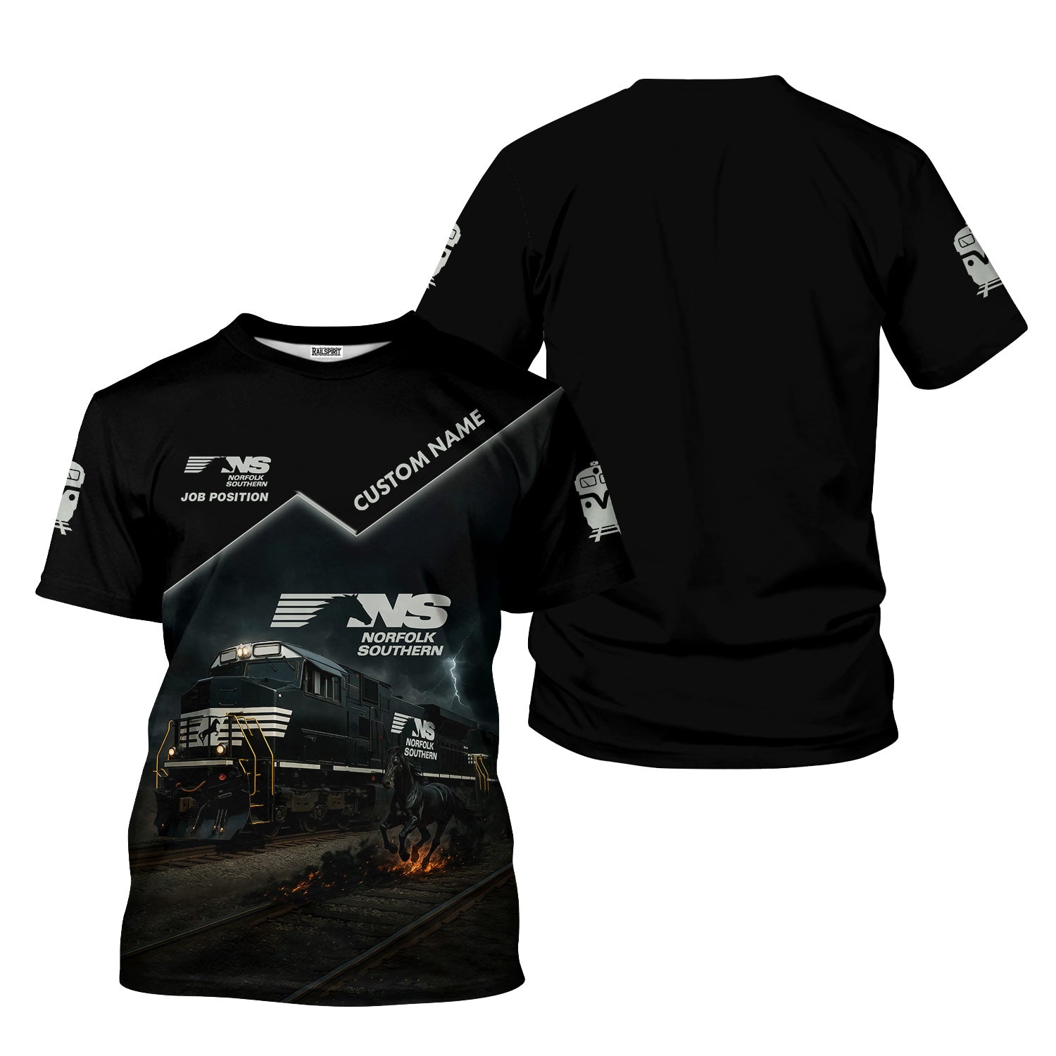 Railspirit Personalized Norfolk Southern Railway T-Shirt Black Horse with Custom Job Position Train Shirt