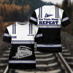Railspirit Custom Name CSX Transportation Railroad T Shirt Eat Train Sleep Repeat Printed Train Shirt