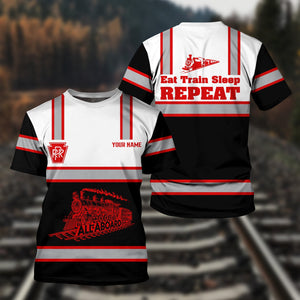 Railspirit Custom Name Pennsylvania Railroad T Shirt Eat Train Sleep Repeat Printed Train Shirt