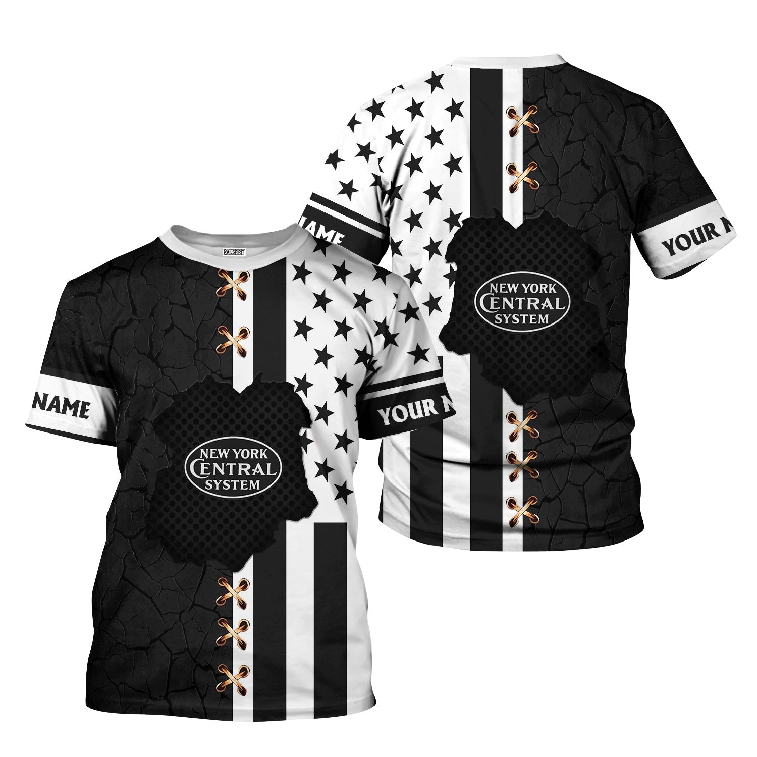 Railspirit Personalized New York Central Railroad T-Shirt American Flag with Crack Effect Train Shirt