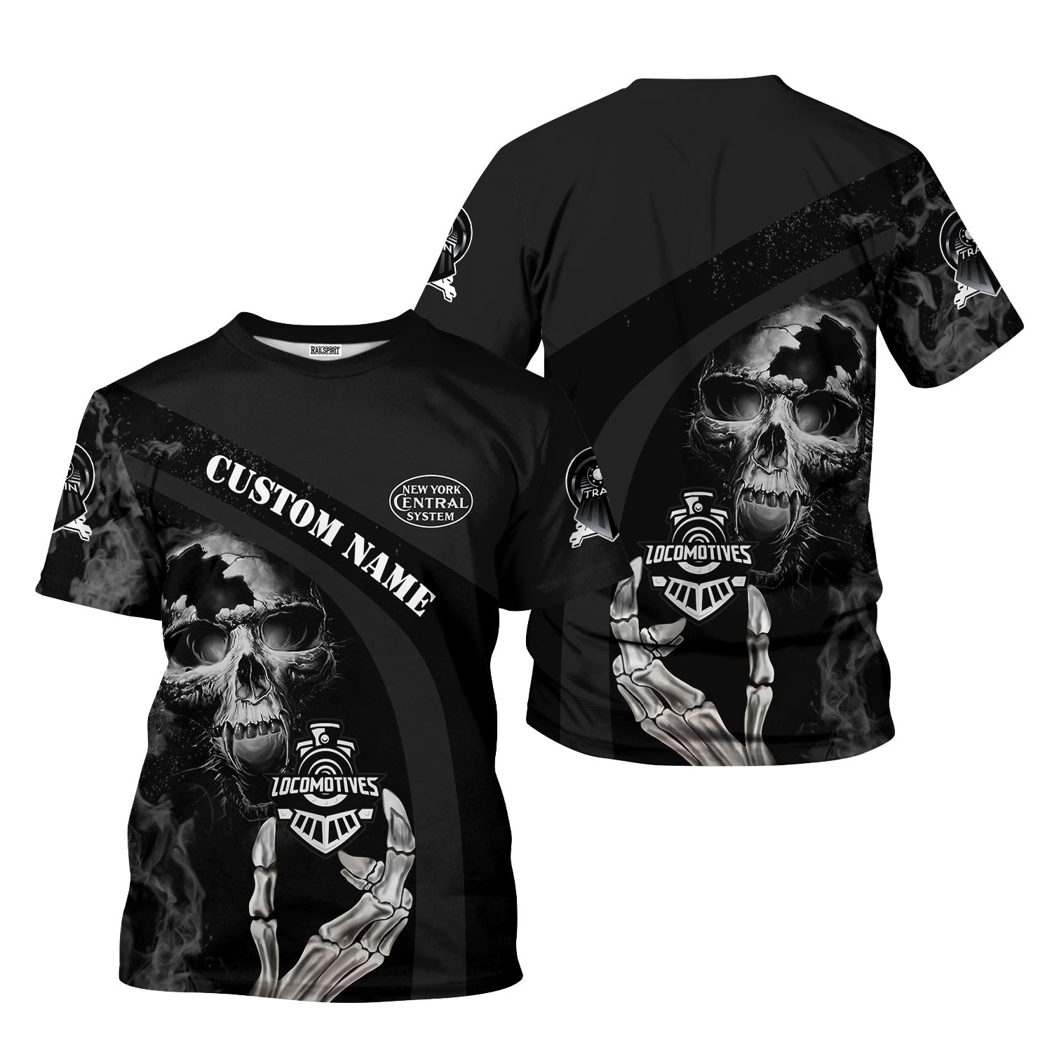 Railspirit Personalized New York Central Railroad T-Shirt Flame Skull Design Train Shirt for Locomotive Fans