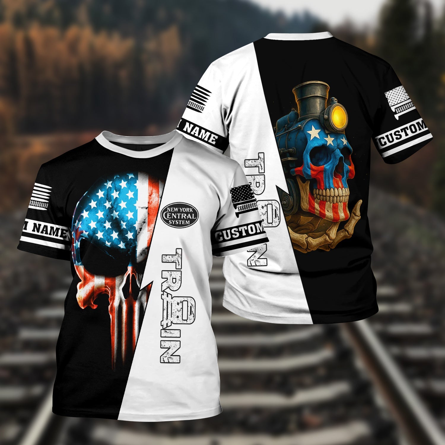 Railspirit Personalized New York Central Railroad T-Shirt Train Skull American Flag Shirt All Over Print
