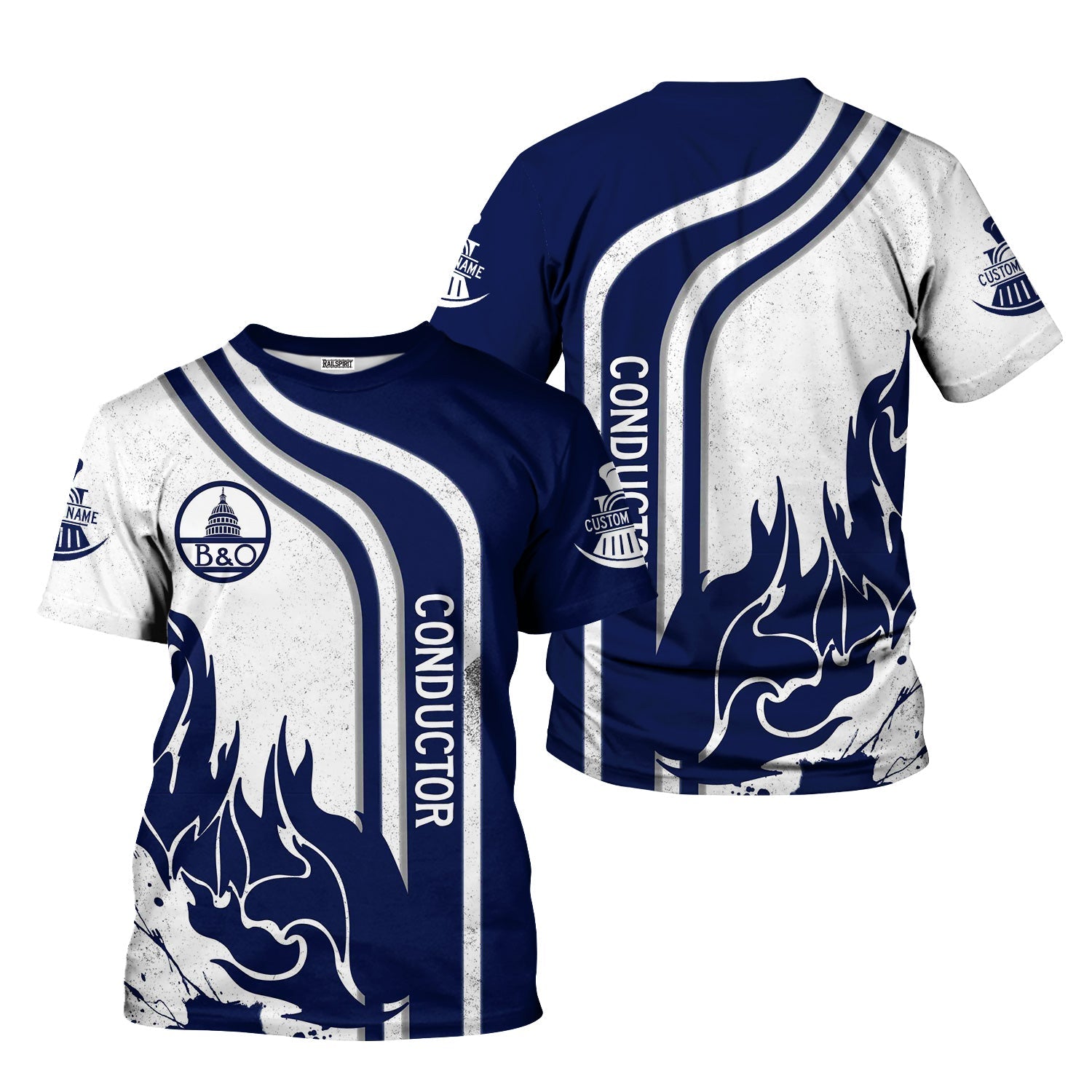 Railspirit Personalized Baltimore and Ohio Railroad T-Shirt Flame Design with Custom Job Position B&O Train Shirt