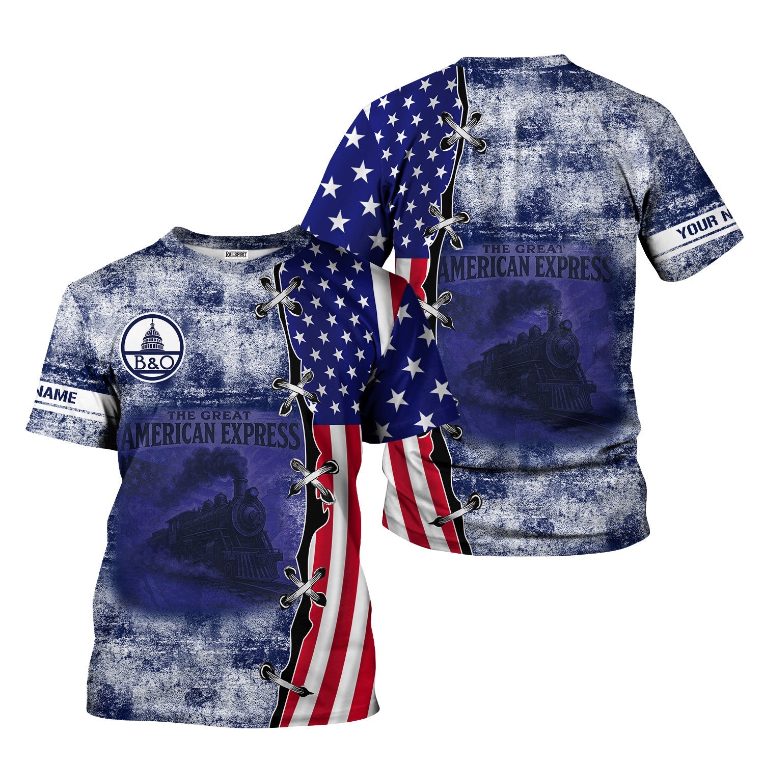 Railspirit Personalized Baltimore and Ohio Railroad T-Shirt Retro American Express Train With USA Flag B&O Shirt
