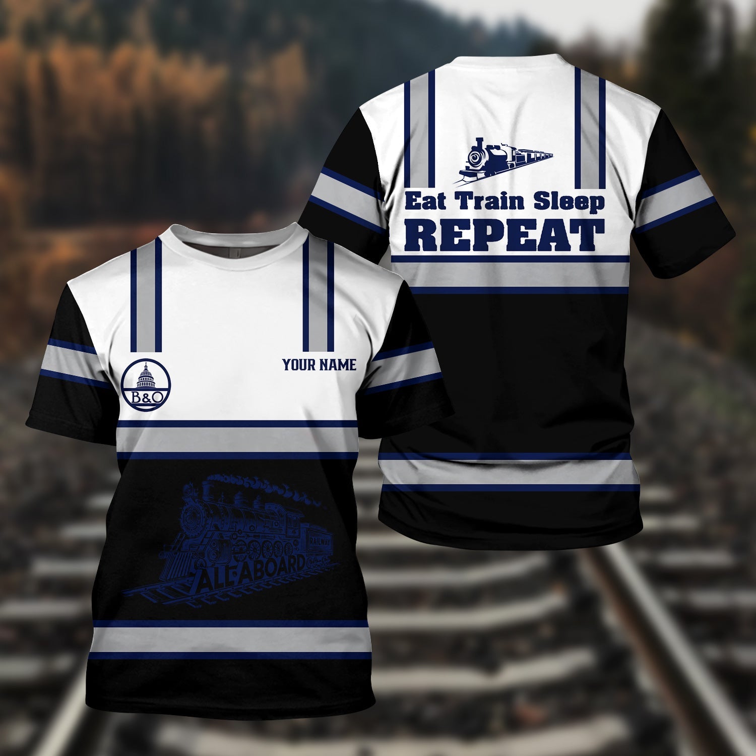 Railspirit Custom Name Baltimore and Ohio Railroad T Shirt Eat Train Sleep Repeat B&O Printed Train Shirt