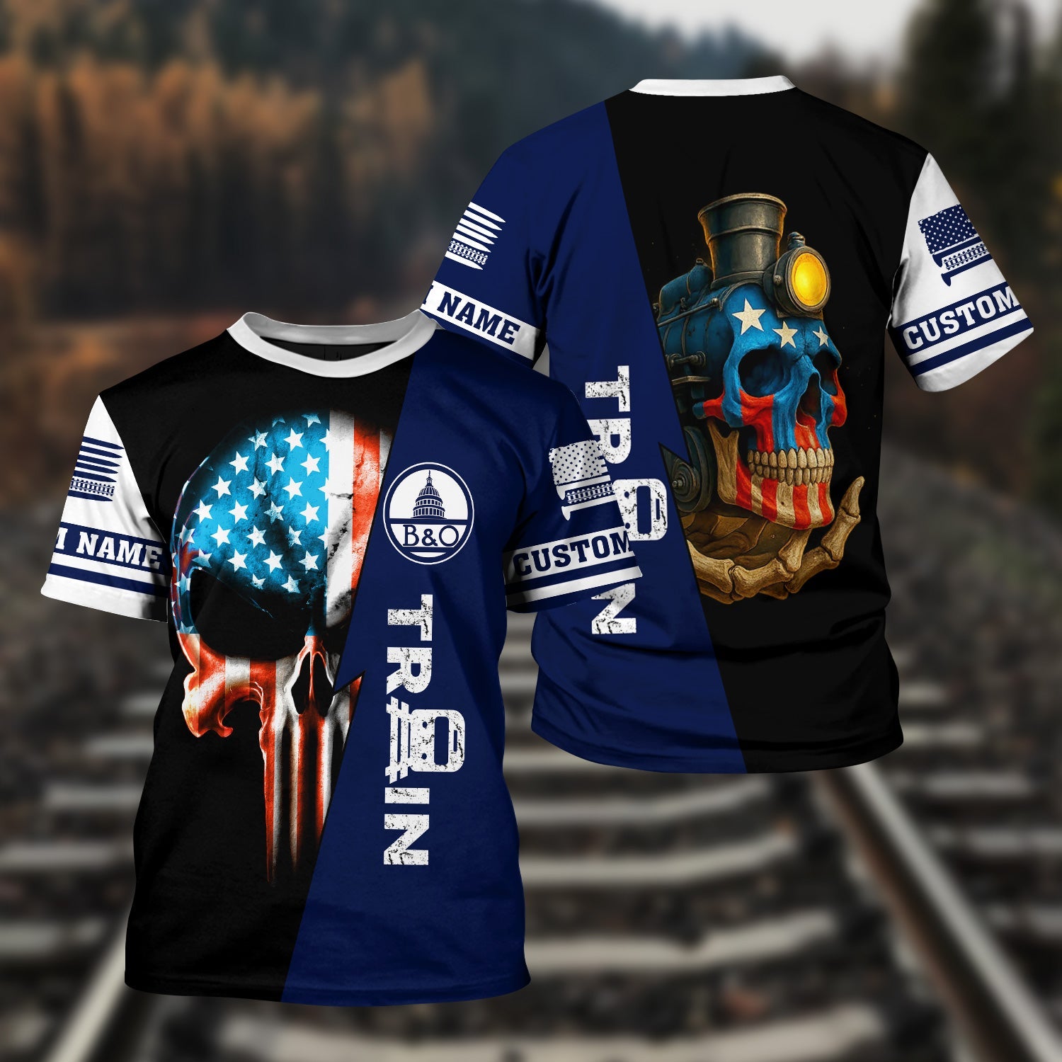 Railspirit Personalized Baltimore and Ohio Railroad T-Shirt Train Skull American Flag B&O Shirt All Over Print