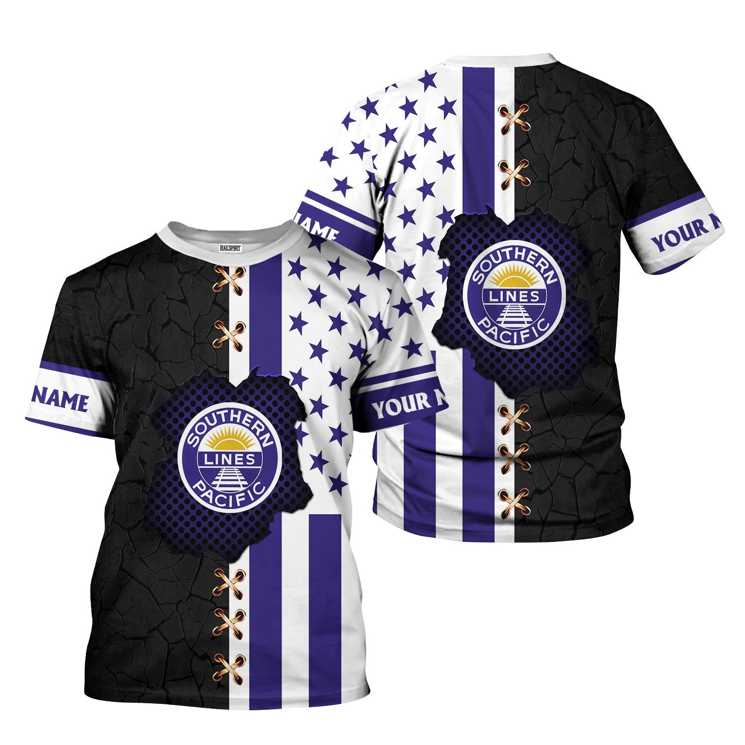Railspirit Personalized Southern Pacific Railroad T-Shirt American Flag with Crack Effect Train Shirt