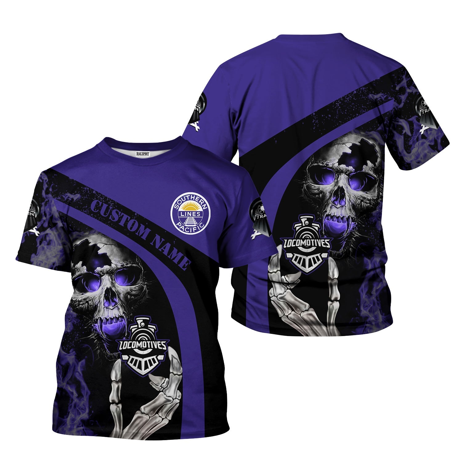 Railspirit Personalized Southern Pacific Railroad T-Shirt Flame Skull Design Train Shirt for Locomotive Fans