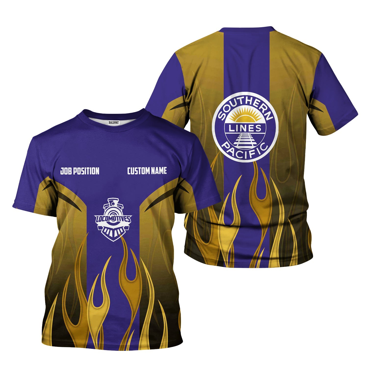 Railspirit Custom Name and Job Title Southern Pacific Railroad T-Shirt Flame Graphic Train Shirt