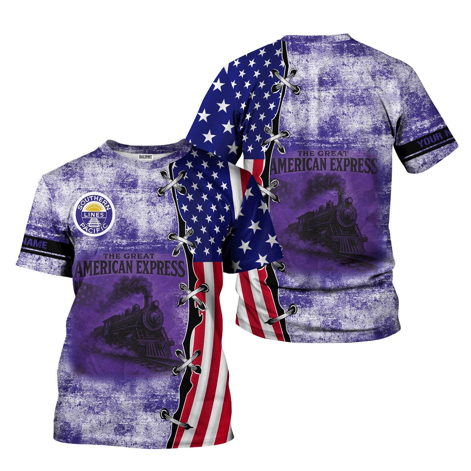 Railspirit Personalized Southern Pacific Railroad T-Shirt Retro American Express Train With USA Flag Shirt