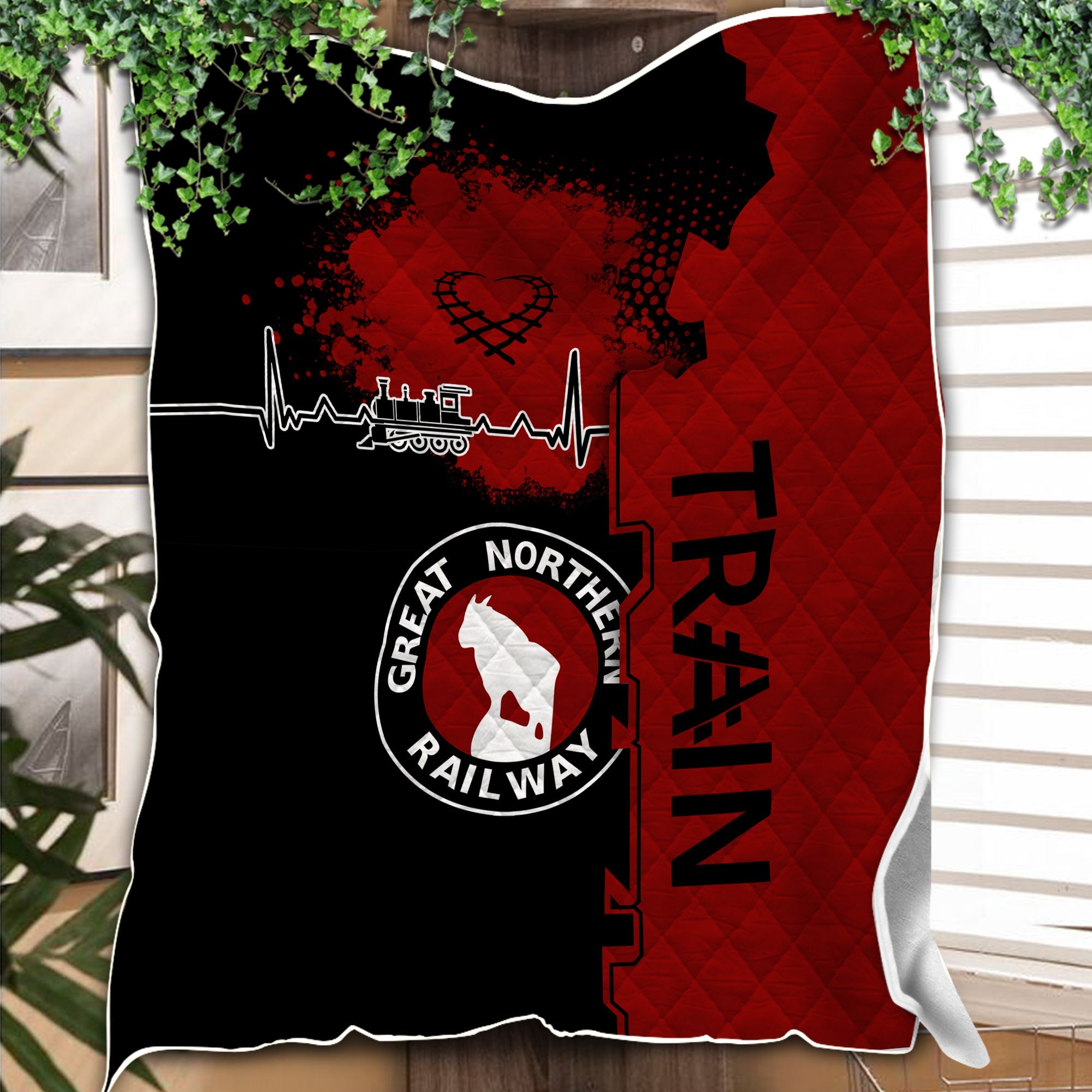 Railspirit Great Northern Railway Premium Quilts Engine Heartbeat and Track Love Style GNR Quilts Gift Idea For Train Lovers