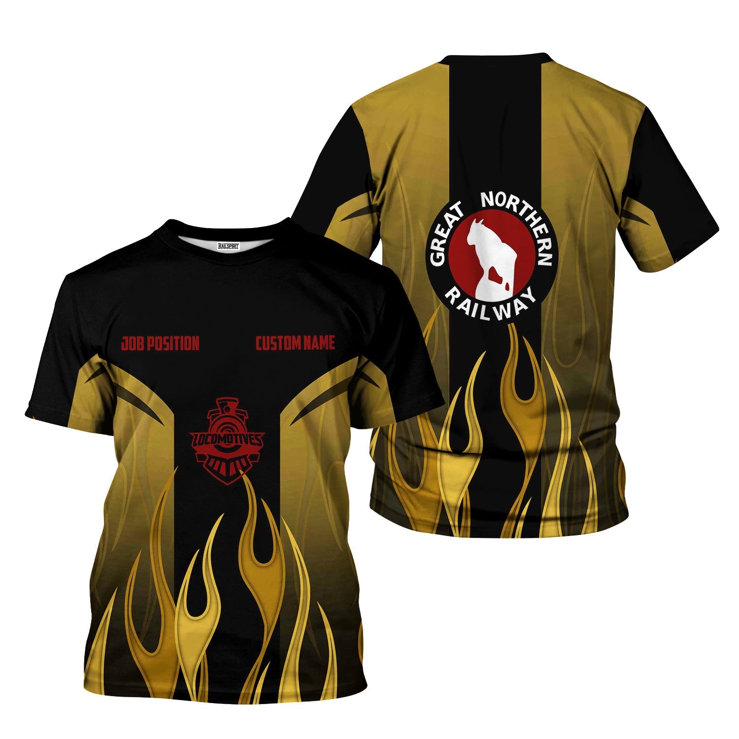 Railspirit Custom Name and Job Title Great Northern Railway T-Shirt Flame Graphic GNR Train Shirt