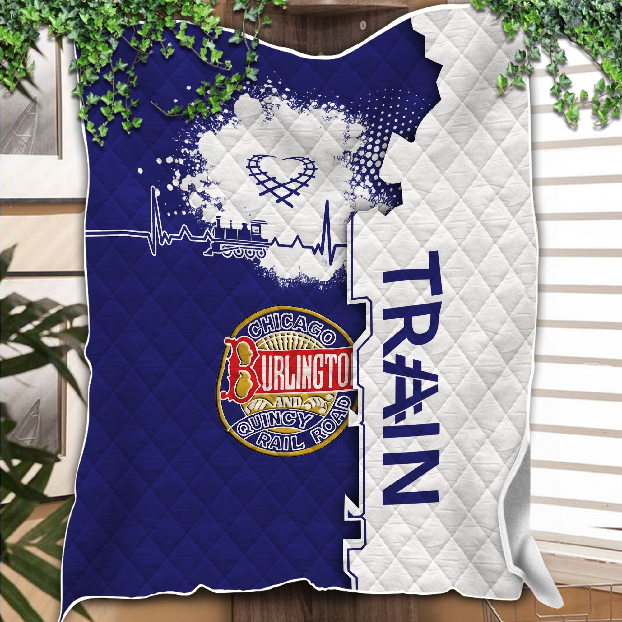 Railspirit Chicago, Burlington and Quincy Railroad Premium Quilts Engine Heartbeat and Track Love Style Quilts Gift Idea For Train Lovers